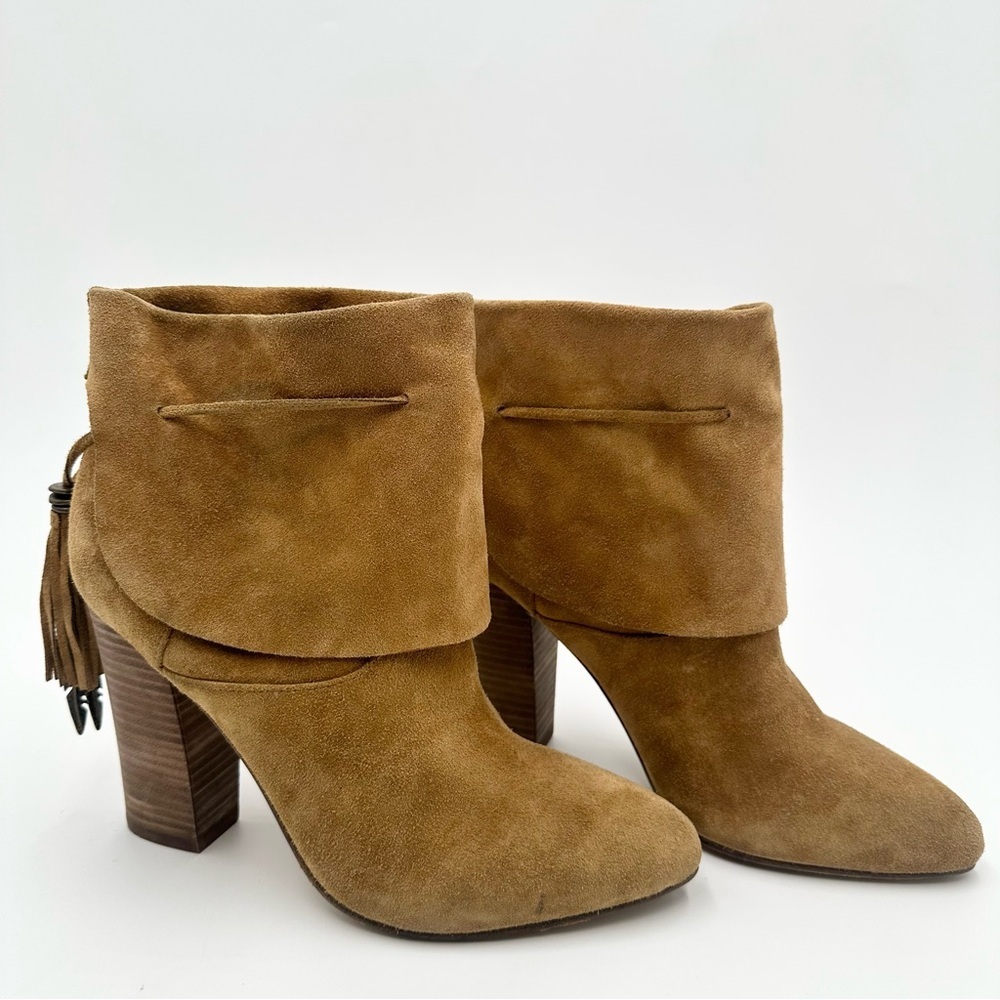 Sigerson Morrison Suede Ankle Booties Fold Over Tassel Stacked Heel